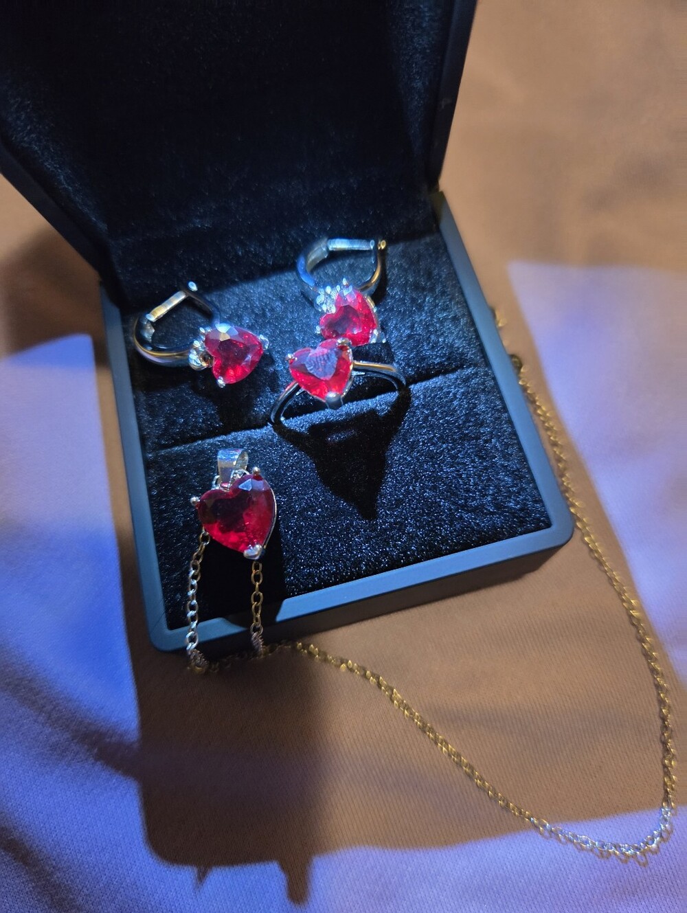 925 Silver Red Heart Necklace Earrings & Adjustable Ring Jewelry Set